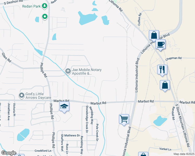map of restaurants, bars, coffee shops, grocery stores, and more near 6478 Charter Way in Lithonia
