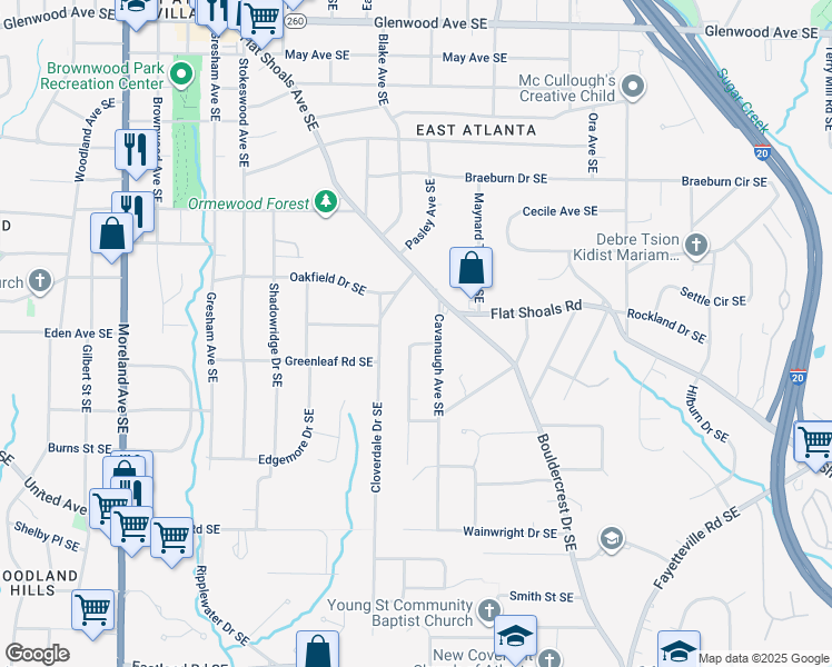 map of restaurants, bars, coffee shops, grocery stores, and more near 2071 Cavanaugh Avenue Southeast in Atlanta