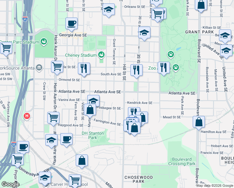 map of restaurants, bars, coffee shops, grocery stores, and more near in Atlanta