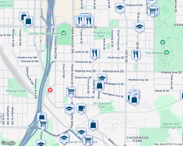 map of restaurants, bars, coffee shops, grocery stores, and more near 118 Atlanta Avenue Southeast in Atlanta