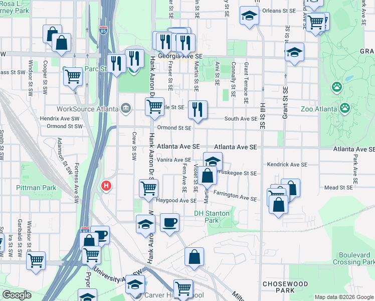 map of restaurants, bars, coffee shops, grocery stores, and more near 72 Atlanta Avenue Southeast in Atlanta