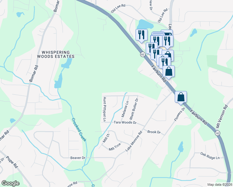 map of restaurants, bars, coffee shops, grocery stores, and more near 3034 Wilkes Plantation Way in Douglasville
