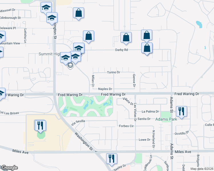 map of restaurants, bars, coffee shops, grocery stores, and more near 78571 Pompeii Court in La Quinta