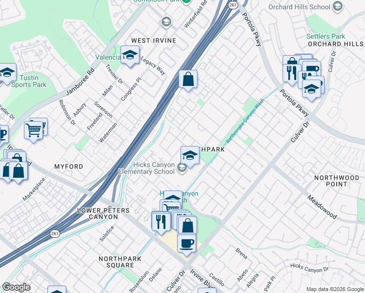 map of restaurants, bars, coffee shops, grocery stores, and more near 0 Visalia in Irvine