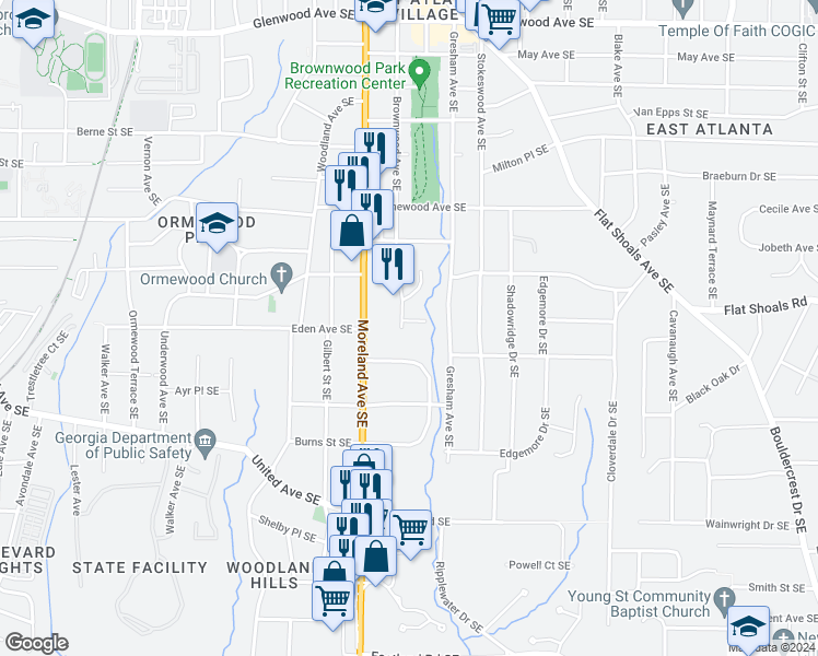 map of restaurants, bars, coffee shops, grocery stores, and more near 894 Brownwood Avenue Southeast in Atlanta
