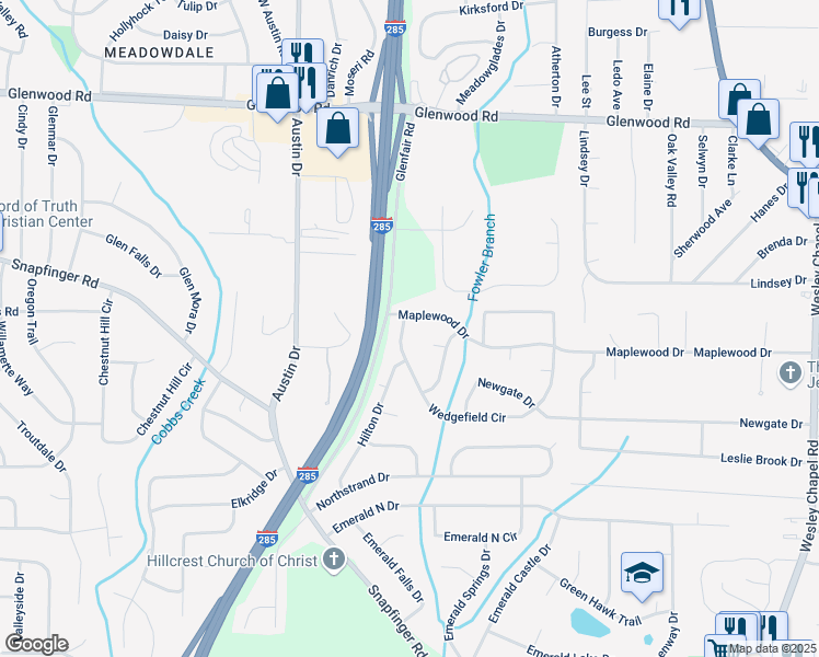 map of restaurants, bars, coffee shops, grocery stores, and more near 3836 Wedgefield Circle in Decatur