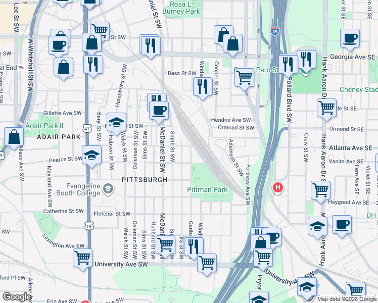 map of restaurants, bars, coffee shops, grocery stores, and more near 909 Garibaldi Street Southwest in Atlanta
