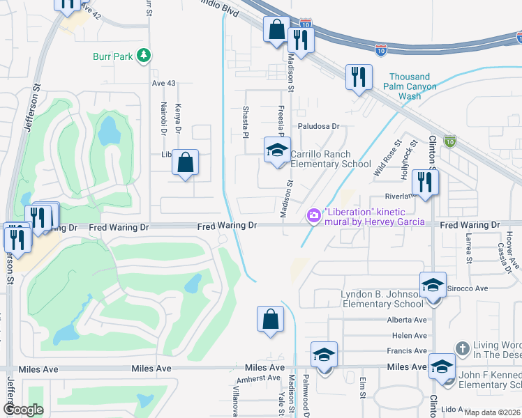 map of restaurants, bars, coffee shops, grocery stores, and more near 80888 Boulder Drive in Indio