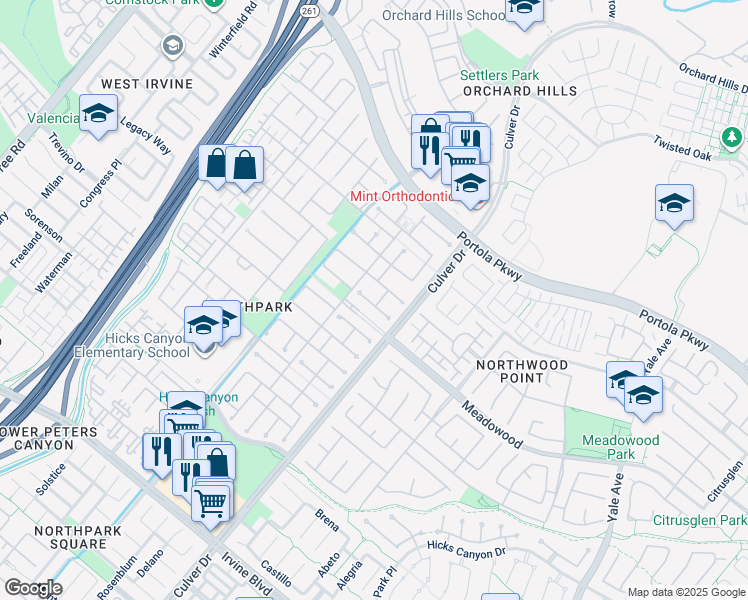 map of restaurants, bars, coffee shops, grocery stores, and more near 3 La Canada in Irvine