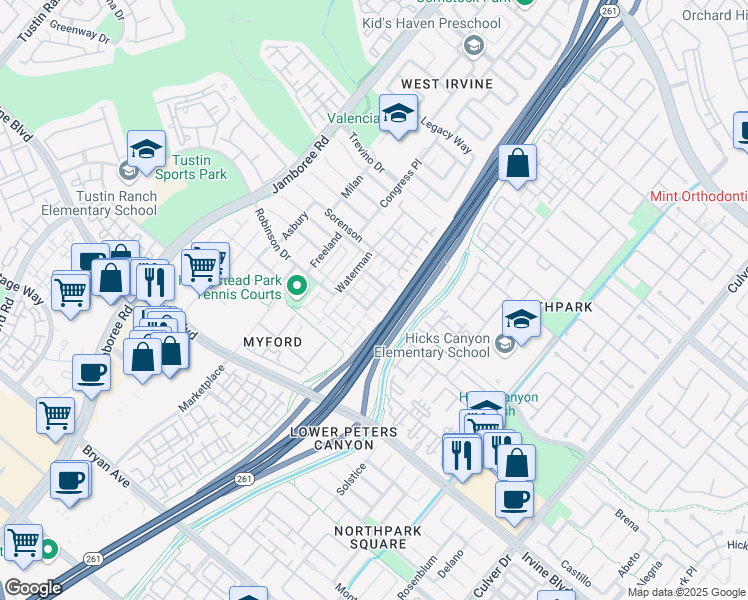 map of restaurants, bars, coffee shops, grocery stores, and more near in Irvine