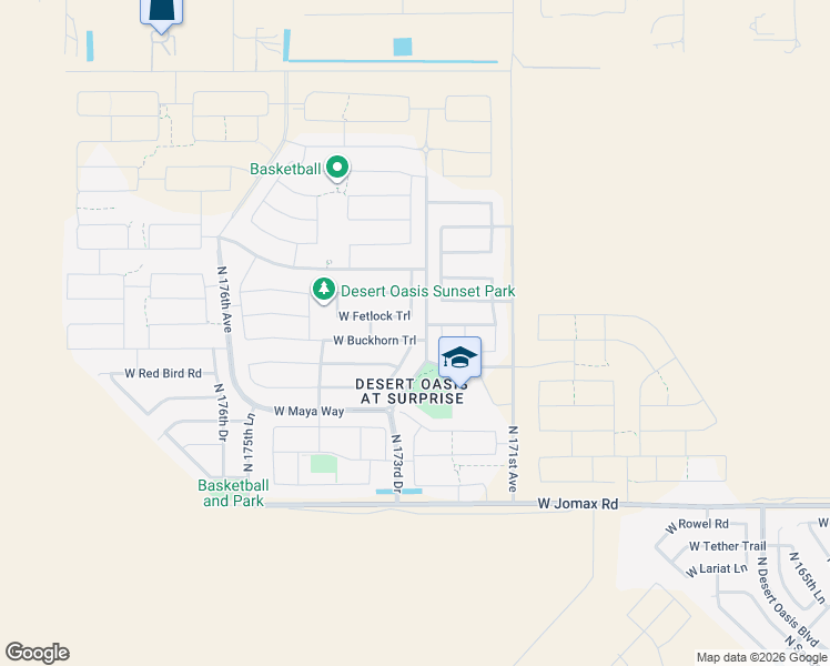 map of restaurants, bars, coffee shops, grocery stores, and more near 17287 West Fetlock Trail in Surprise