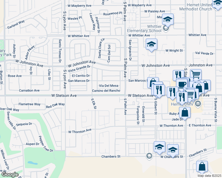 map of restaurants, bars, coffee shops, grocery stores, and more near 1062 Camino del Rancho in Hemet