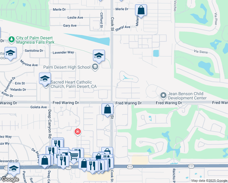 map of restaurants, bars, coffee shops, grocery stores, and more near 74990 San Simeon Drive in Palm Desert