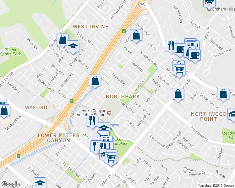 map of restaurants, bars, coffee shops, grocery stores, and more near 6 Los Olivos in Irvine