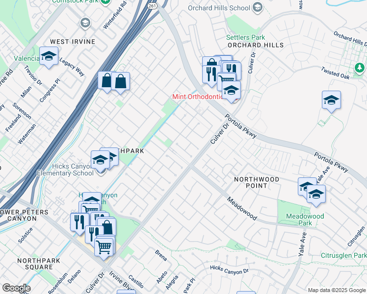 map of restaurants, bars, coffee shops, grocery stores, and more near 3 La Canada in Irvine
