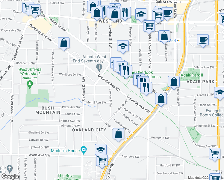 map of restaurants, bars, coffee shops, grocery stores, and more near 916 Lawton Street Southwest in Atlanta
