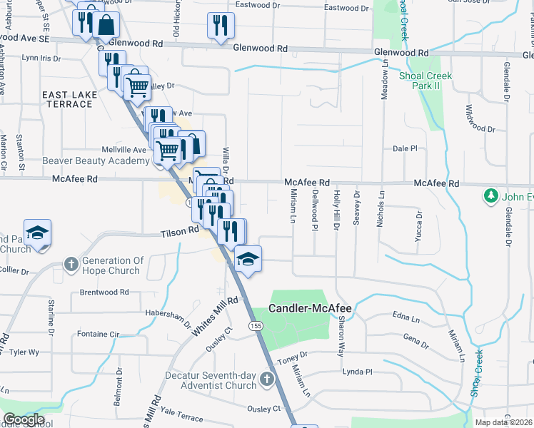 map of restaurants, bars, coffee shops, grocery stores, and more near 2067 Nettie Court in Decatur