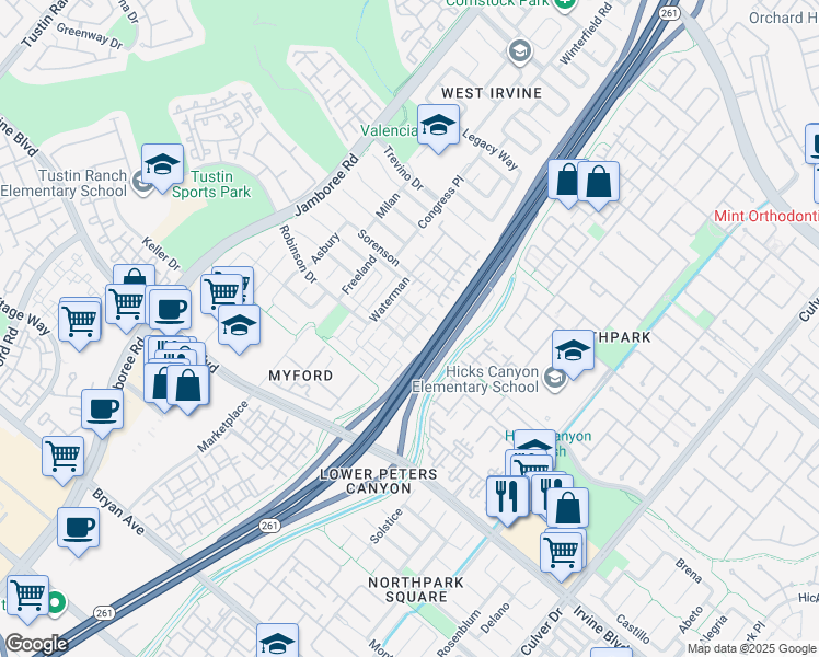 map of restaurants, bars, coffee shops, grocery stores, and more near 38 Sapphire in Irvine