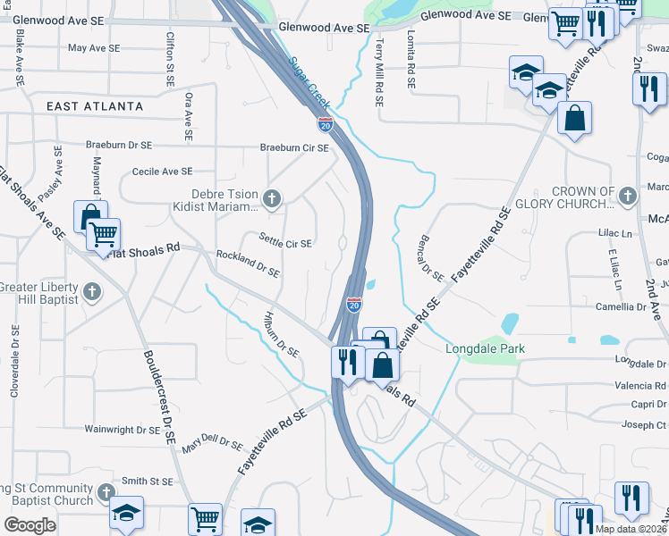 map of restaurants, bars, coffee shops, grocery stores, and more near 1930 Flat Shoals Road Southeast in Atlanta