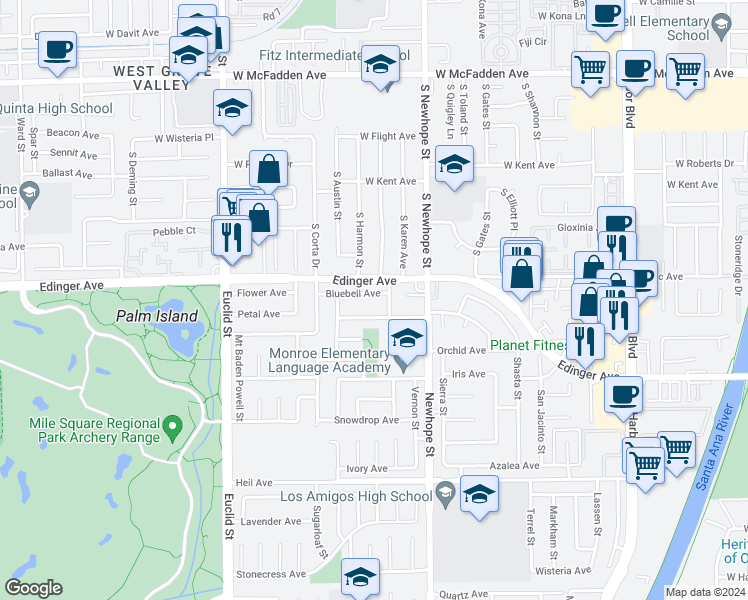 map of restaurants, bars, coffee shops, grocery stores, and more near 11370 Bluebell Avenue in Fountain Valley