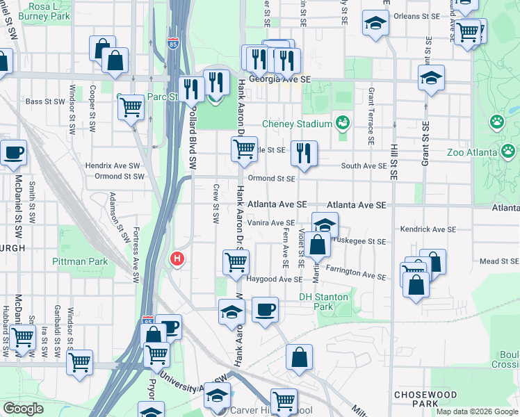 map of restaurants, bars, coffee shops, grocery stores, and more near 35 Atlanta Avenue Southeast in Atlanta