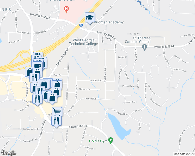 map of restaurants, bars, coffee shops, grocery stores, and more near 4615 Bedford Place in Douglasville