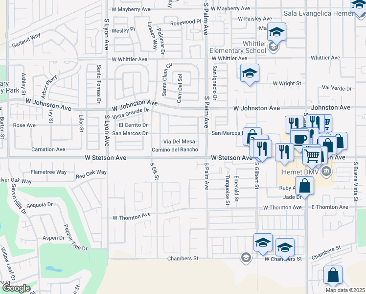 map of restaurants, bars, coffee shops, grocery stores, and more near 1062 Camino del Rancho in Hemet