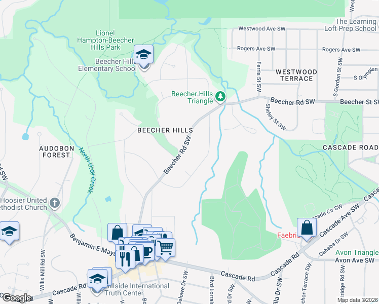 map of restaurants, bars, coffee shops, grocery stores, and more near 2196 Beecher Rd SW in Atlanta