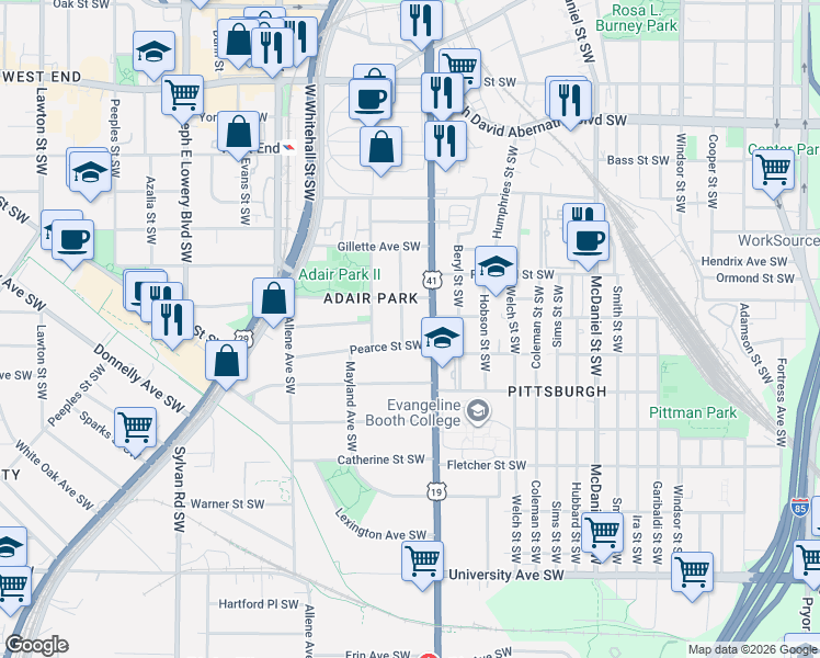 map of restaurants, bars, coffee shops, grocery stores, and more near 868 Oakhill Avenue Southwest in Atlanta