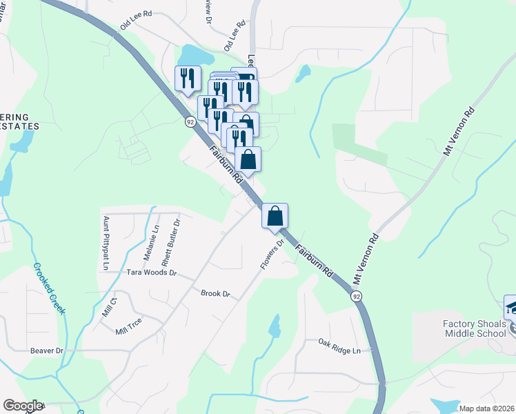 map of restaurants, bars, coffee shops, grocery stores, and more near 2741 Hwy 92 Fairburn Rd in Douglasville
