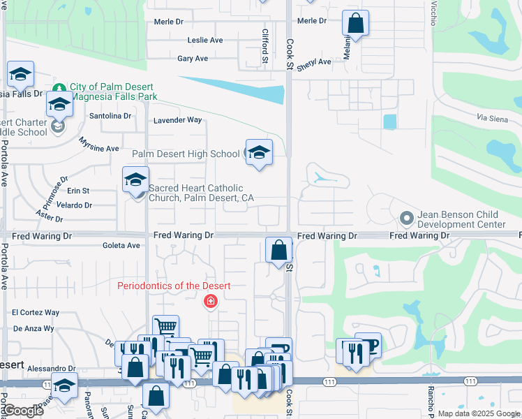 map of restaurants, bars, coffee shops, grocery stores, and more near 43830 San Ysidro Circle in Palm Desert