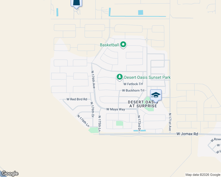 map of restaurants, bars, coffee shops, grocery stores, and more near 17502 West Buckhorn Trail in Surprise