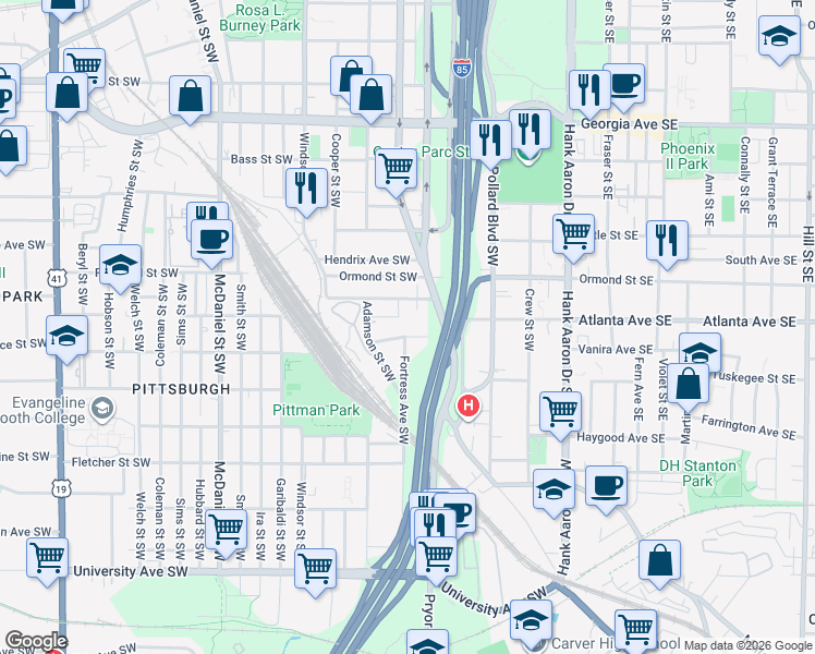 map of restaurants, bars, coffee shops, grocery stores, and more near 883 Pryor St SW in Atlanta
