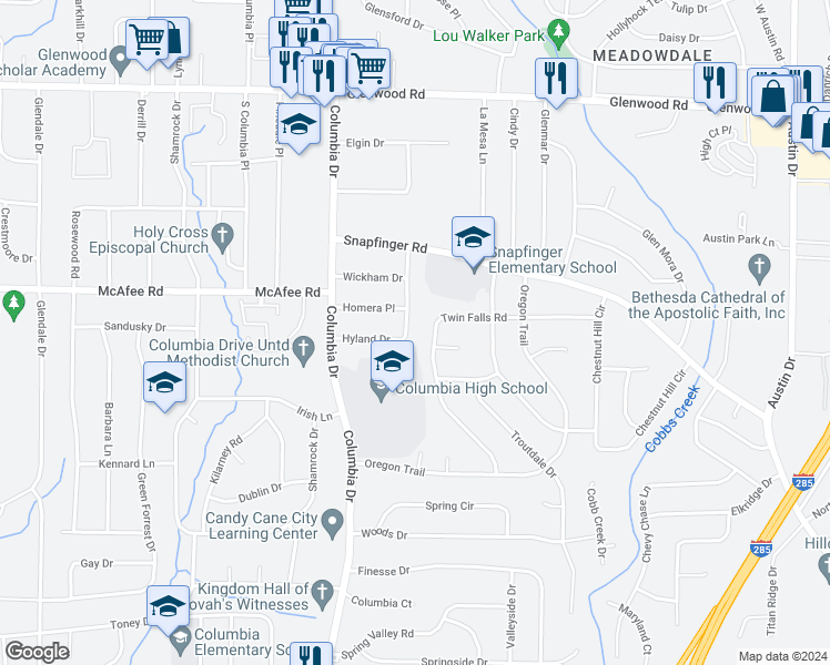 map of restaurants, bars, coffee shops, grocery stores, and more near 3449 Hyland Drive in Decatur