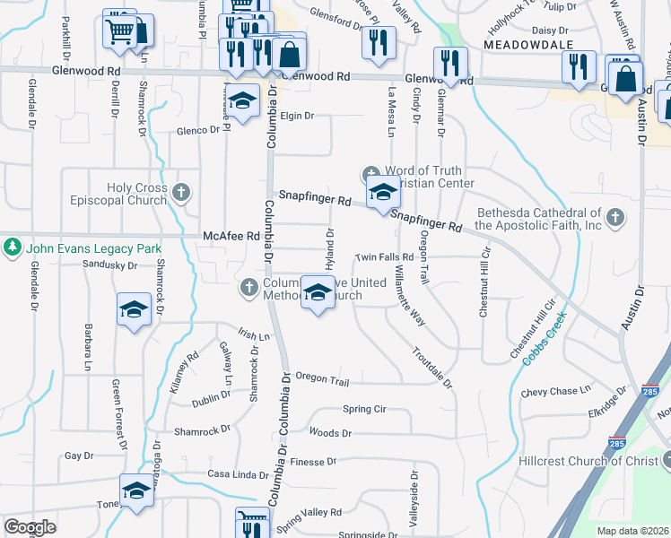 map of restaurants, bars, coffee shops, grocery stores, and more near 3449 Hyland Drive in Decatur
