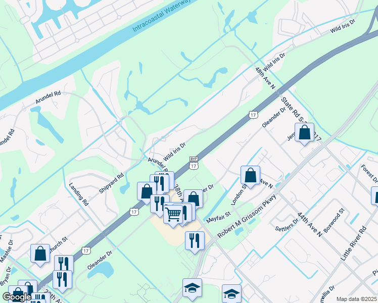 map of restaurants, bars, coffee shops, grocery stores, and more near 4596 Wild Iris Drive in Myrtle Beach