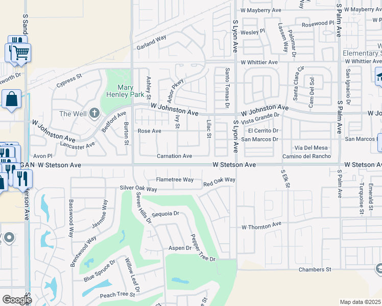 map of restaurants, bars, coffee shops, grocery stores, and more near 2180 Carnation Avenue in Hemet