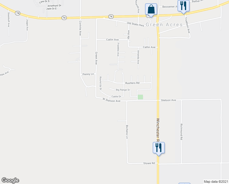 map of restaurants, bars, coffee shops, grocery stores, and more near 33143 Big Range Drive in Winchester