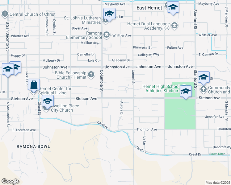 map of restaurants, bars, coffee shops, grocery stores, and more near 26933 Cornell Street in Hemet