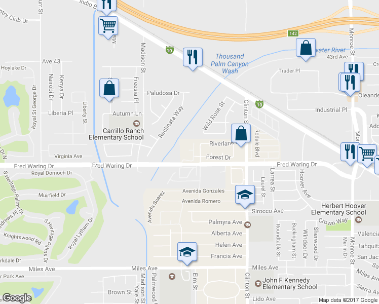 map of restaurants, bars, coffee shops, grocery stores, and more near 43871 Silverwood Drive in Indio
