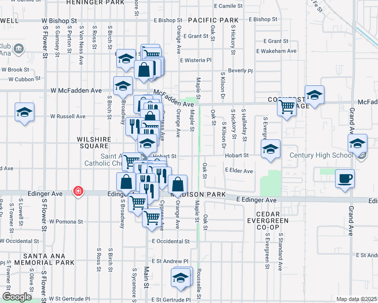 map of restaurants, bars, coffee shops, grocery stores, and more near 1338 Maple Street in Santa Ana