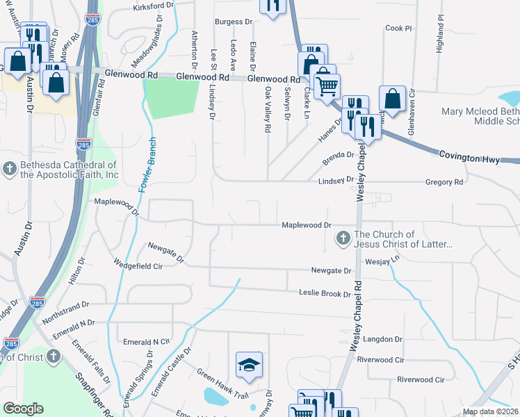 map of restaurants, bars, coffee shops, grocery stores, and more near 2001 Maplewood Trail in Decatur