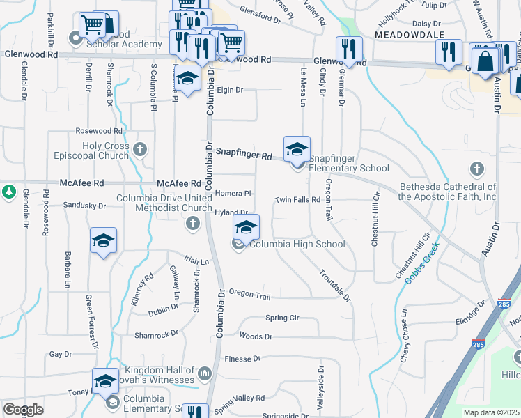 map of restaurants, bars, coffee shops, grocery stores, and more near 3449 Hyland Drive in Decatur