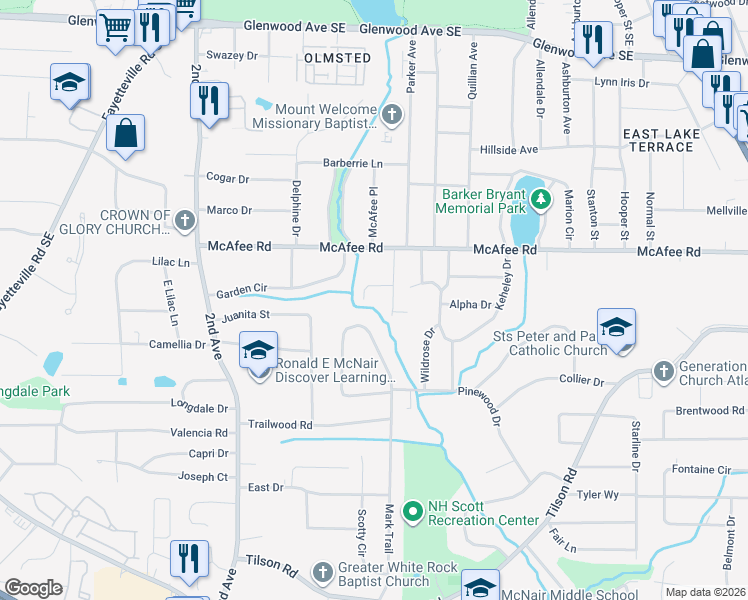 map of restaurants, bars, coffee shops, grocery stores, and more near 2061 Rockhaven Drive in Decatur