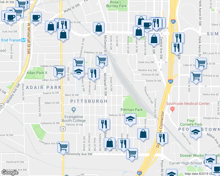 map of restaurants, bars, coffee shops, grocery stores, and more near 380 Gardner Street Southwest in Atlanta