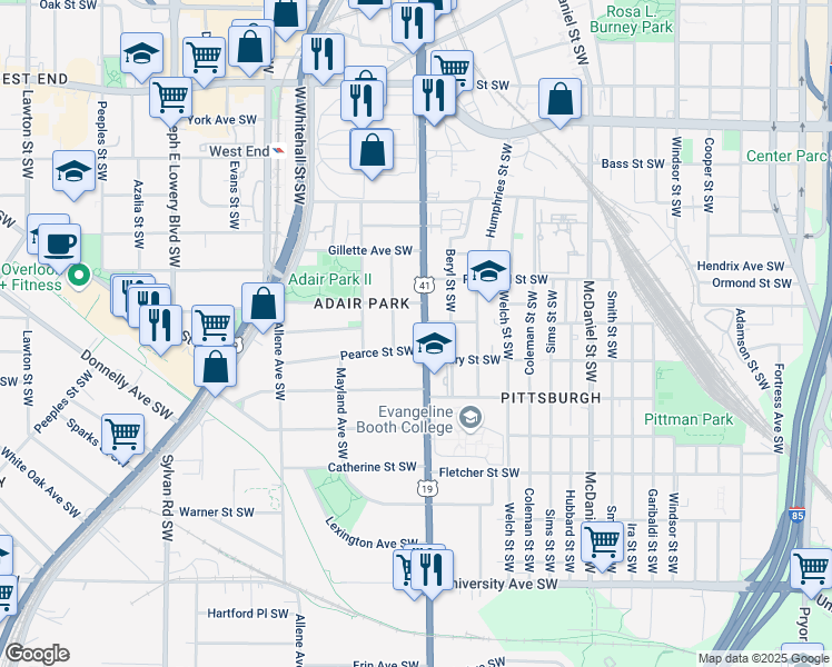 map of restaurants, bars, coffee shops, grocery stores, and more near 905 Metropolitan Parkway Southwest in Atlanta