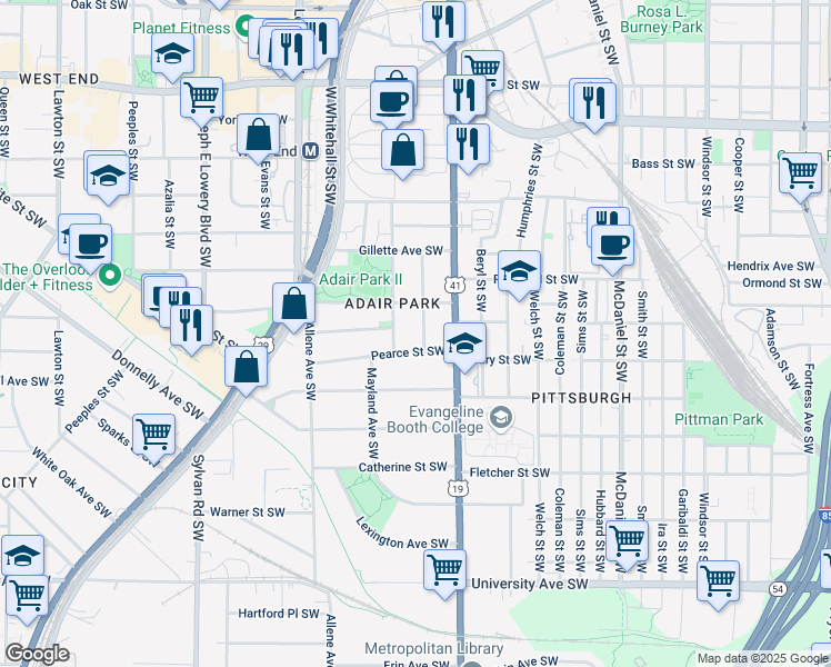 map of restaurants, bars, coffee shops, grocery stores, and more near 907 Oakhill Avenue Southwest in Atlanta