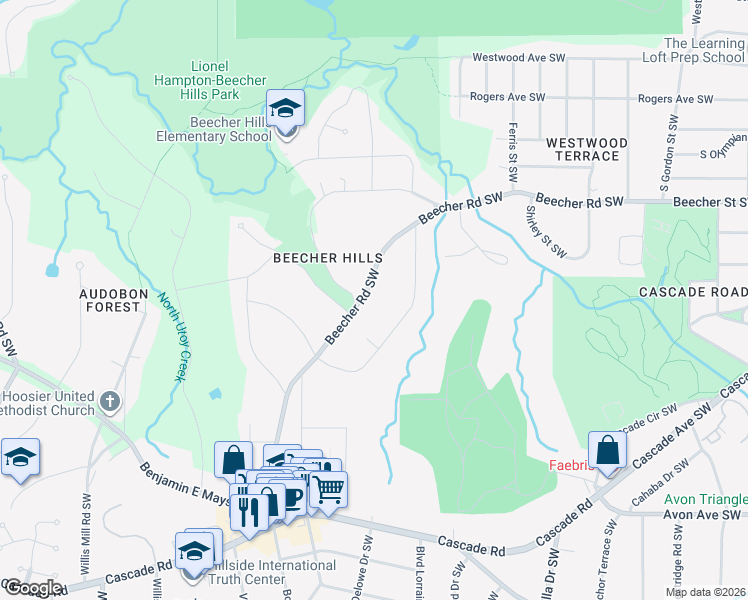 map of restaurants, bars, coffee shops, grocery stores, and more near 2196 Beecher Road Southwest in Atlanta