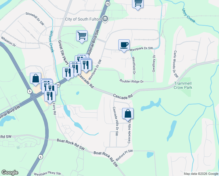 map of restaurants, bars, coffee shops, grocery stores, and more near 5375 Cascade Road in Atlanta