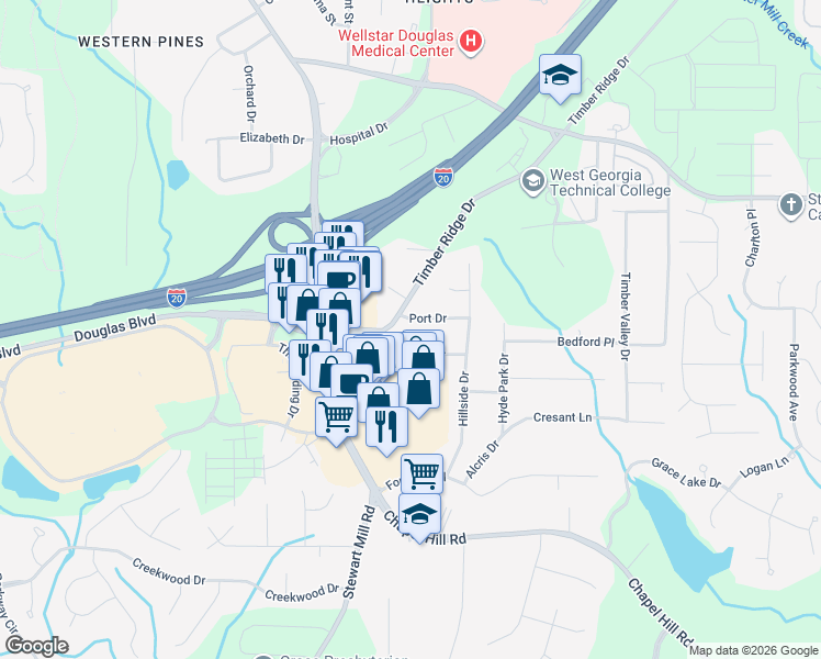 map of restaurants, bars, coffee shops, grocery stores, and more near 4851 Port Drive in Douglasville